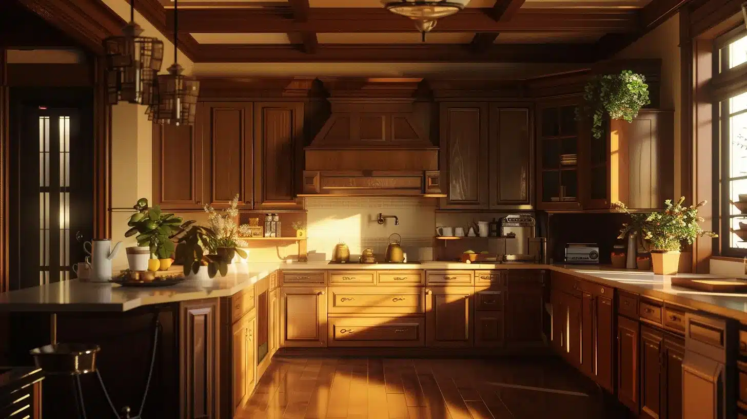 a beautifully designed kitchen featuring elegant custom cabinetry in warm wood tones, showcasing a harmonious blend of functionality and style that embodies the essence of refined ohio home living.