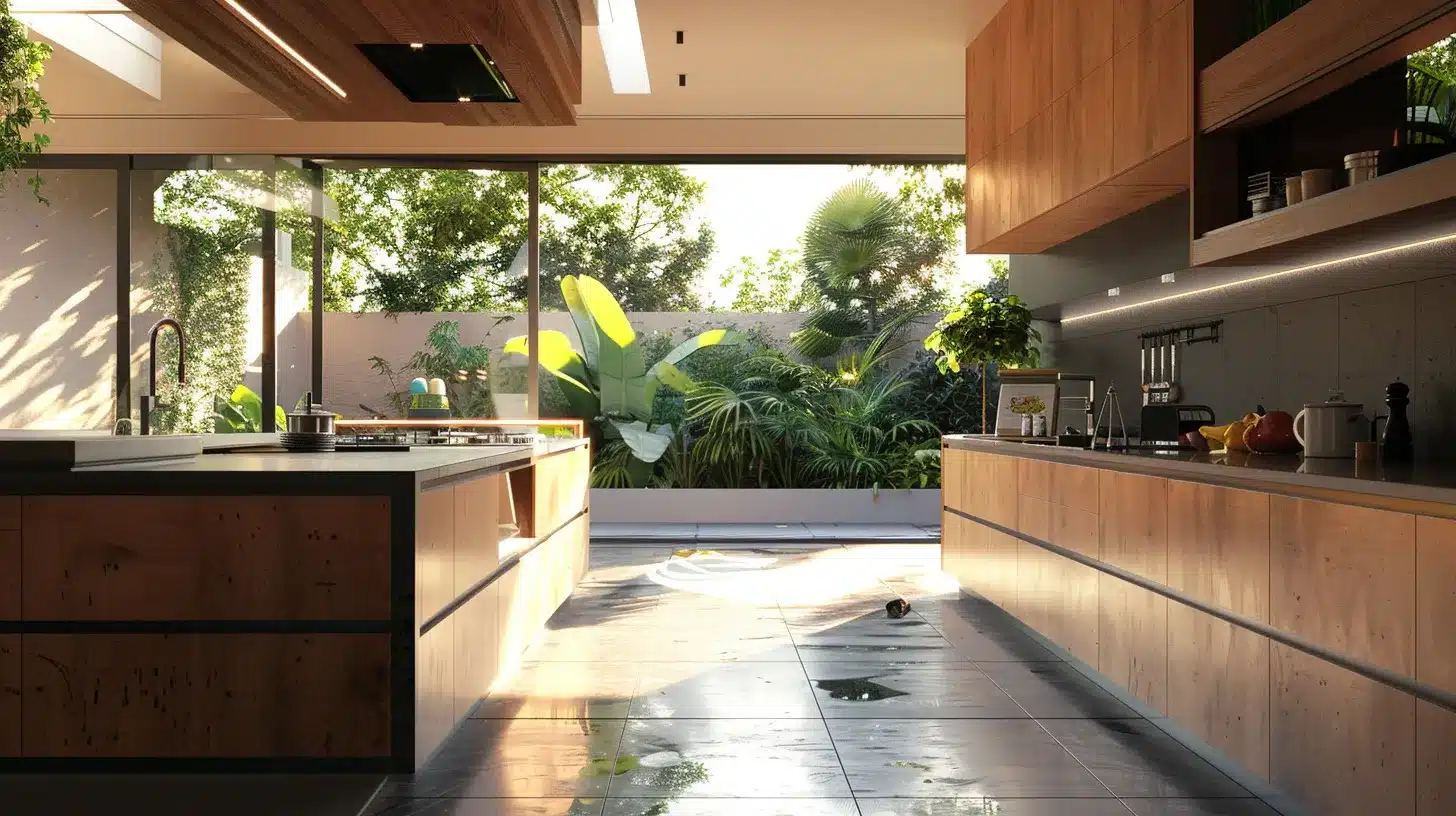 a beautifully designed kitchen features elegant custom cabinetry that balances modern aesthetics and practicality, bathed in warm natural light to highlight the rich textures and finishes.